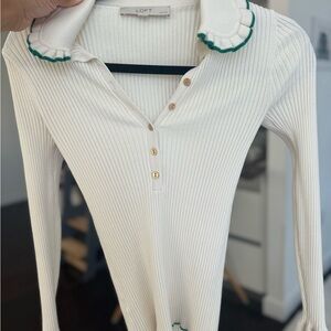 LOFT Cream Ribbed Button Down Shirt with Green Trim